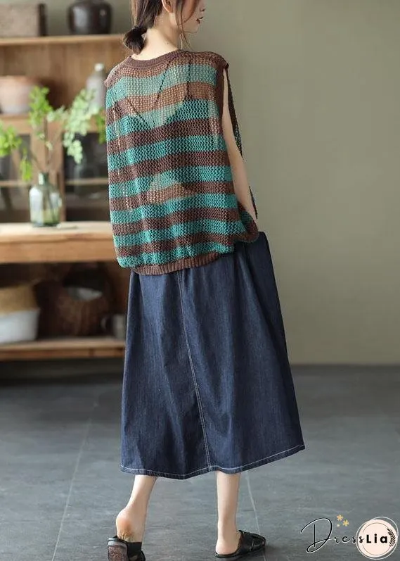 Mulberry Striped Hollow Out Summer Linen Tank Sleeveless