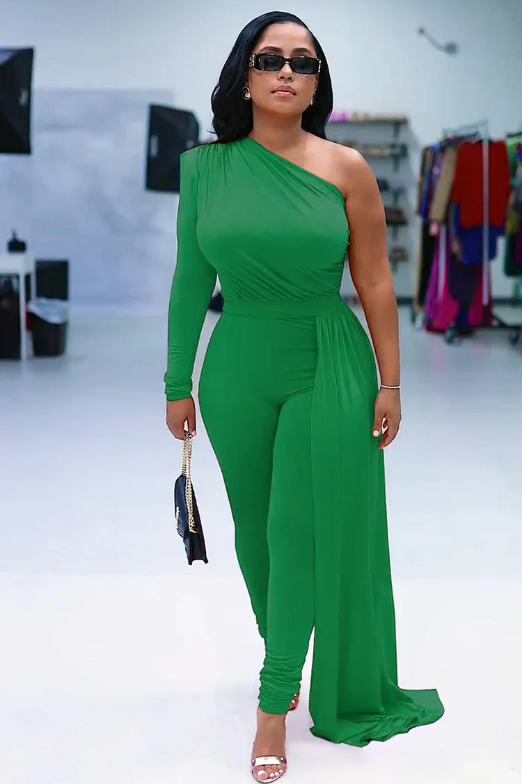 One Shoulder Long Sleeve Layered Bodycon Party Jumpsuit