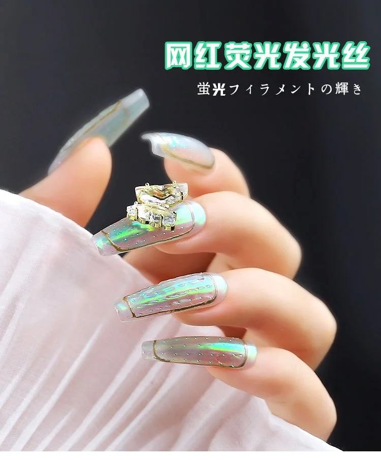 Fashion Fluorescent Nail Sticker Thread Laser Glitter Mesh Net Line Tape Holographic Manicure 3D Silk Foils Nail Art Decorations-Nail Inspo