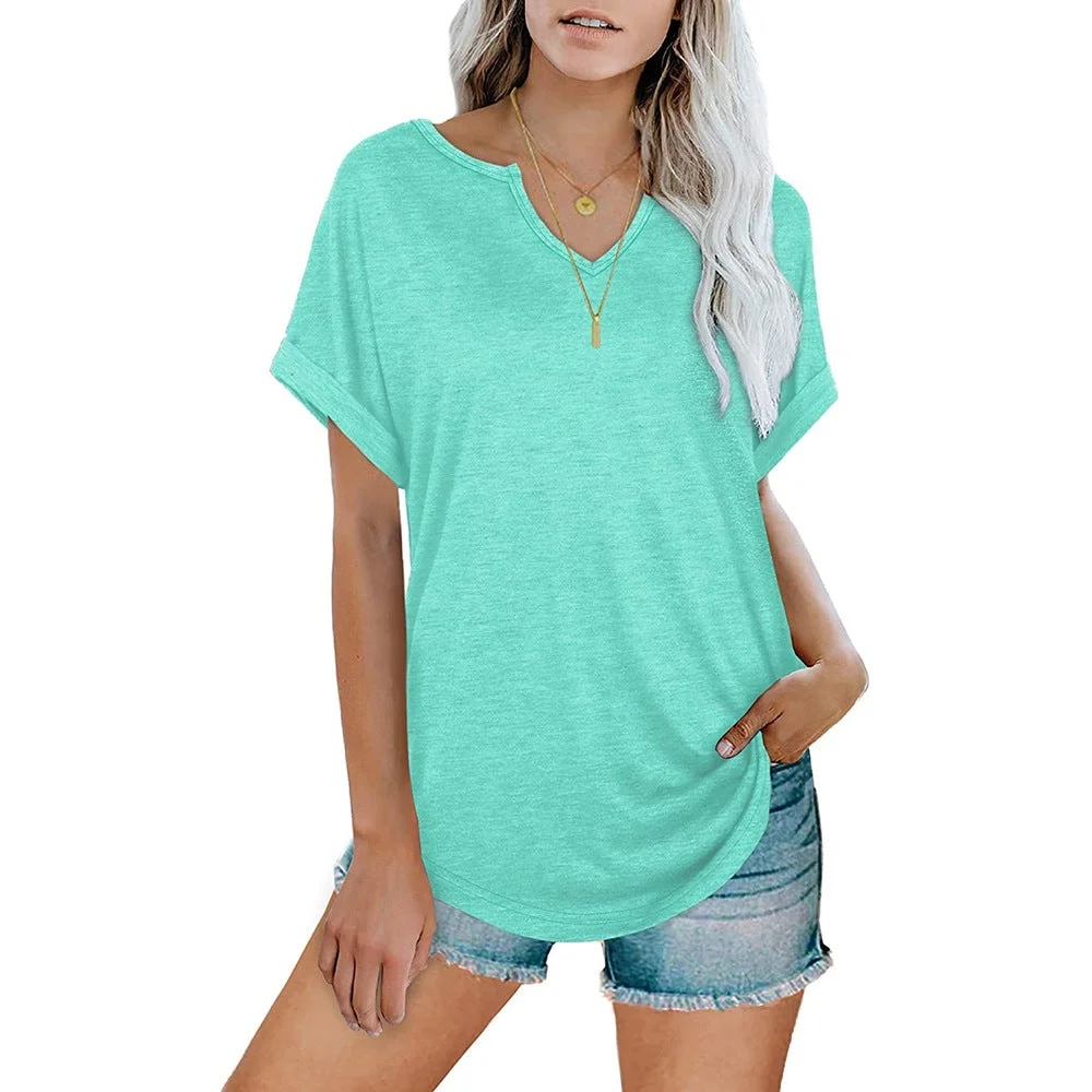 Women's Solid Color V-Neck Loose Short-Sleeved T-Shirt