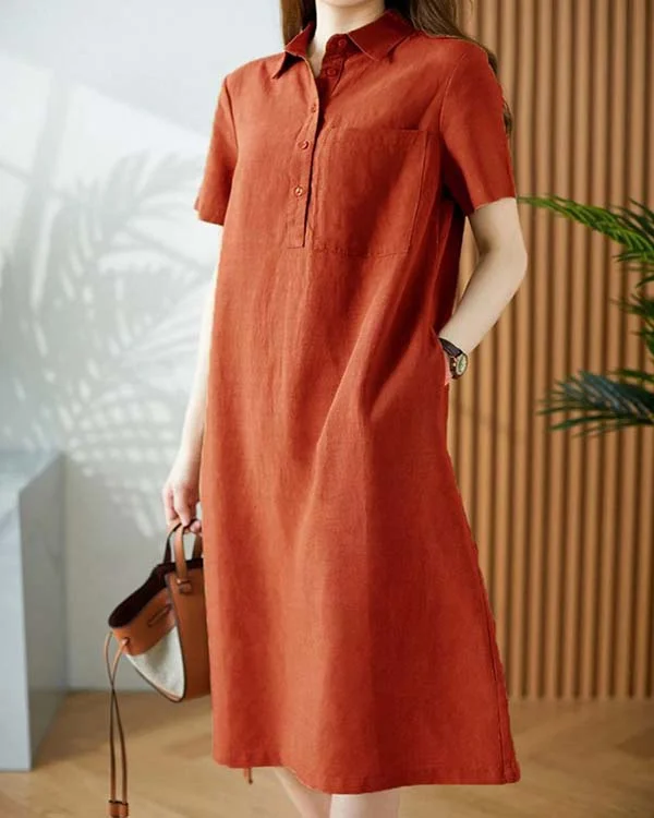 Linen Cotton Short Sleeve Simple Dress-