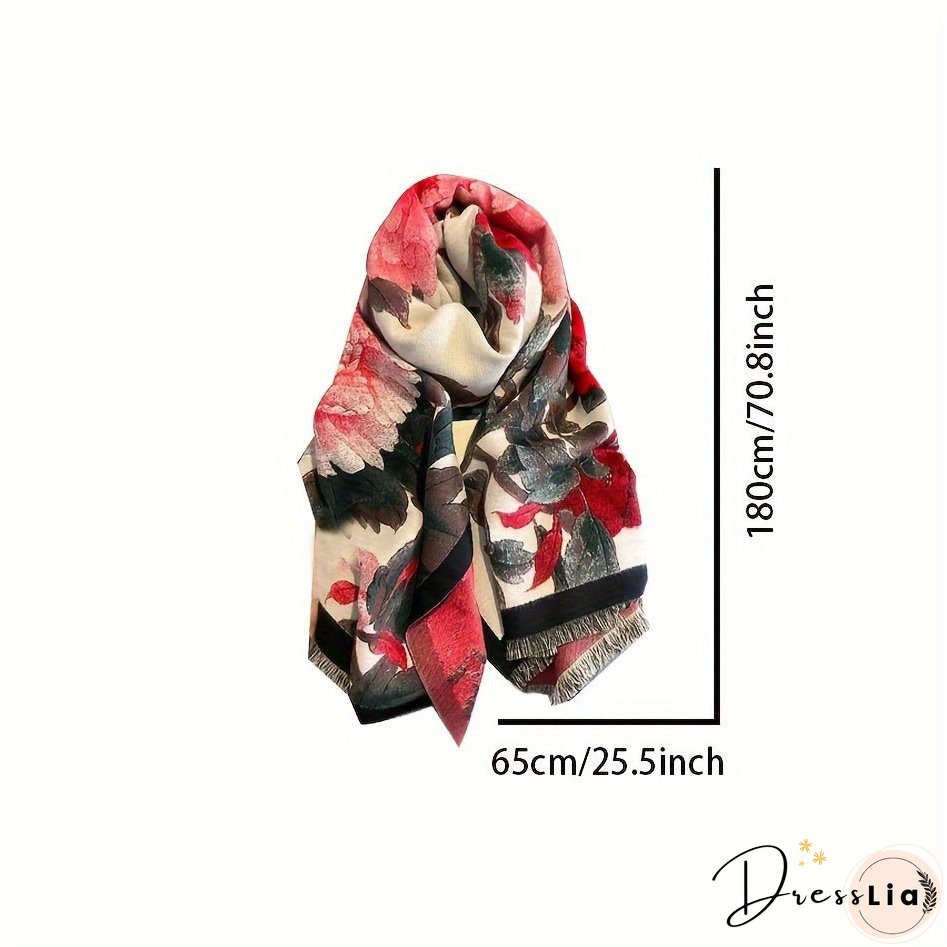 Vintage Floral Pattern Soft Shawl Scarf - Elegant, Warm, Fringe, Windproof, Coldproof, Autumn Winter Essential - Perfect for Outdoor Activities, Casual Wear, and Gift Giving