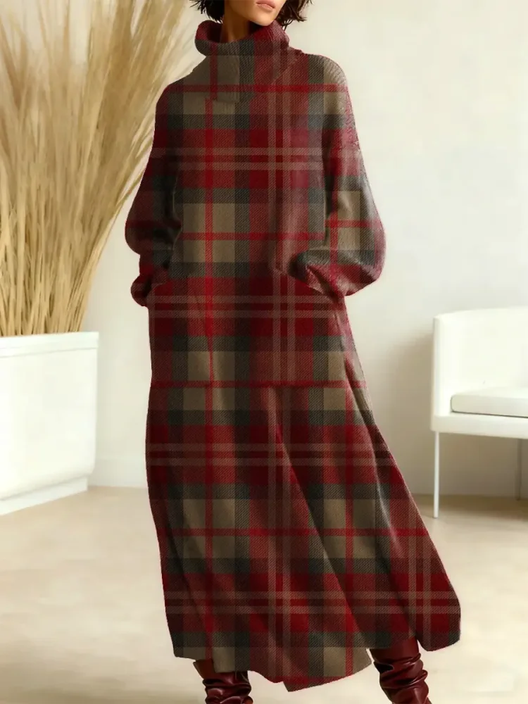 Women's Vintage Plaid Art Print Casual Cotton Knitted Dress