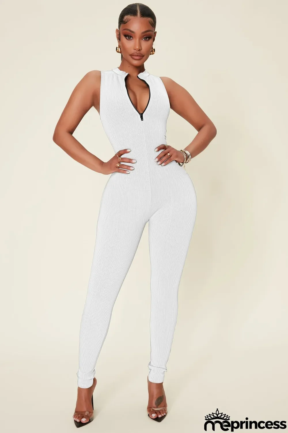 Women Spring Casual Ribbed Sleeveless Zip Jumpsuit