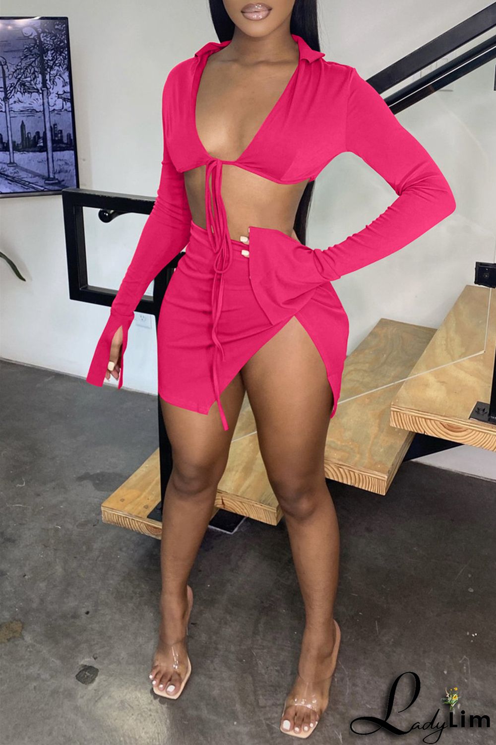 Yellow Fashion Sexy Solid Bandage Slit V Neck Long Sleeve Two Pieces