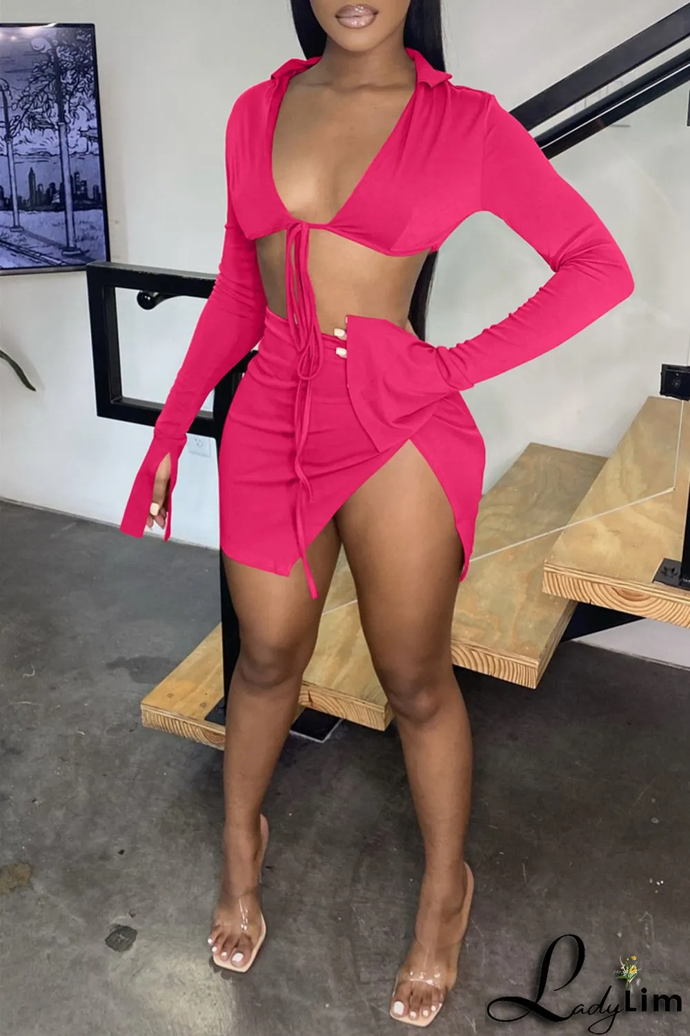Yellow Fashion Sexy Solid Bandage Slit V Neck Long Sleeve Two Pieces