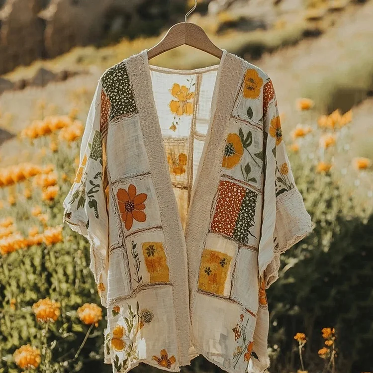 Simpfit kimono mit Nachahmung aus Baumwolle und Leinen Vintage-Blumen-Patchwork-Print