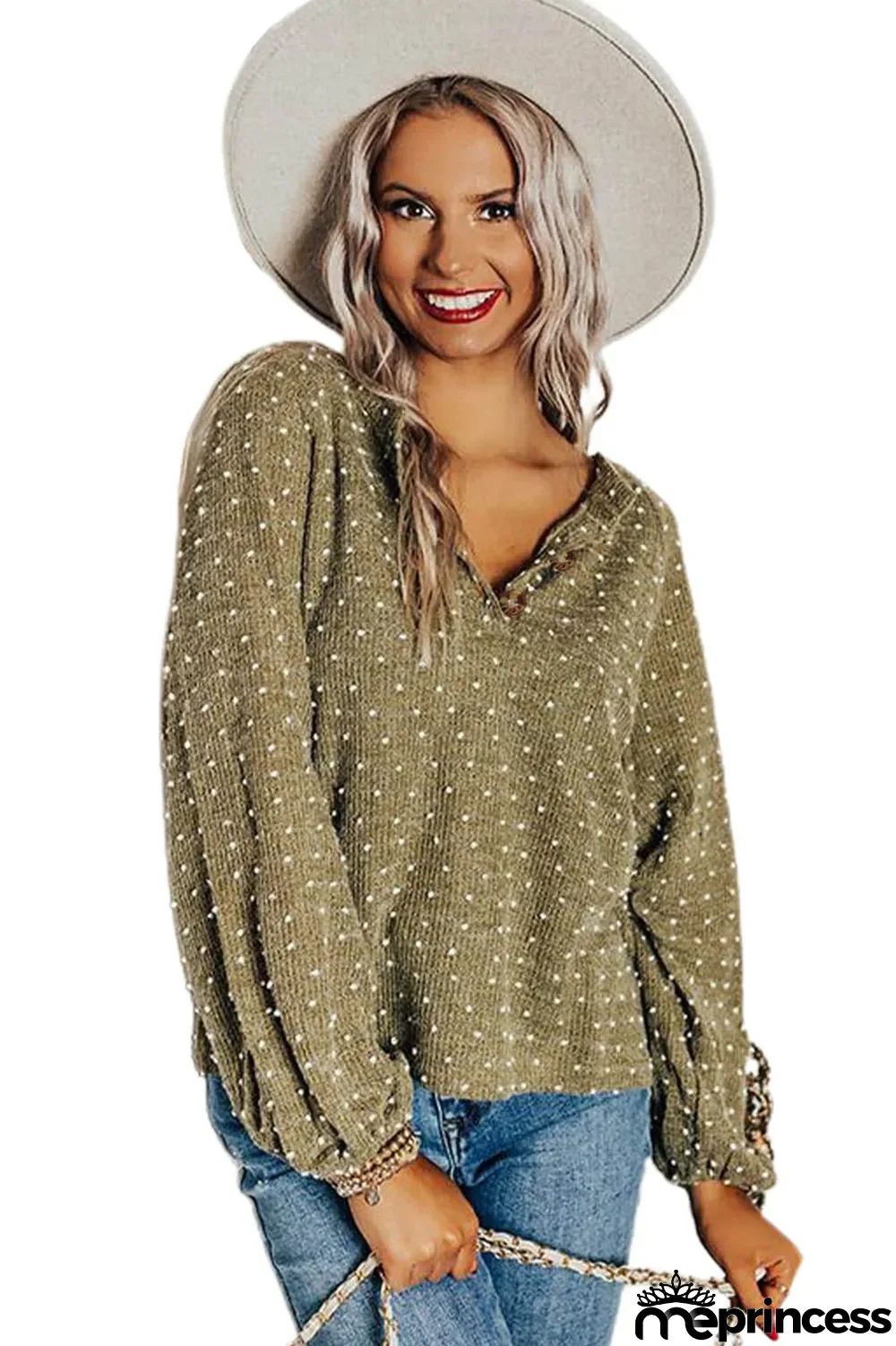 Green Swiss Dot Raglan Sleeves Knit Top