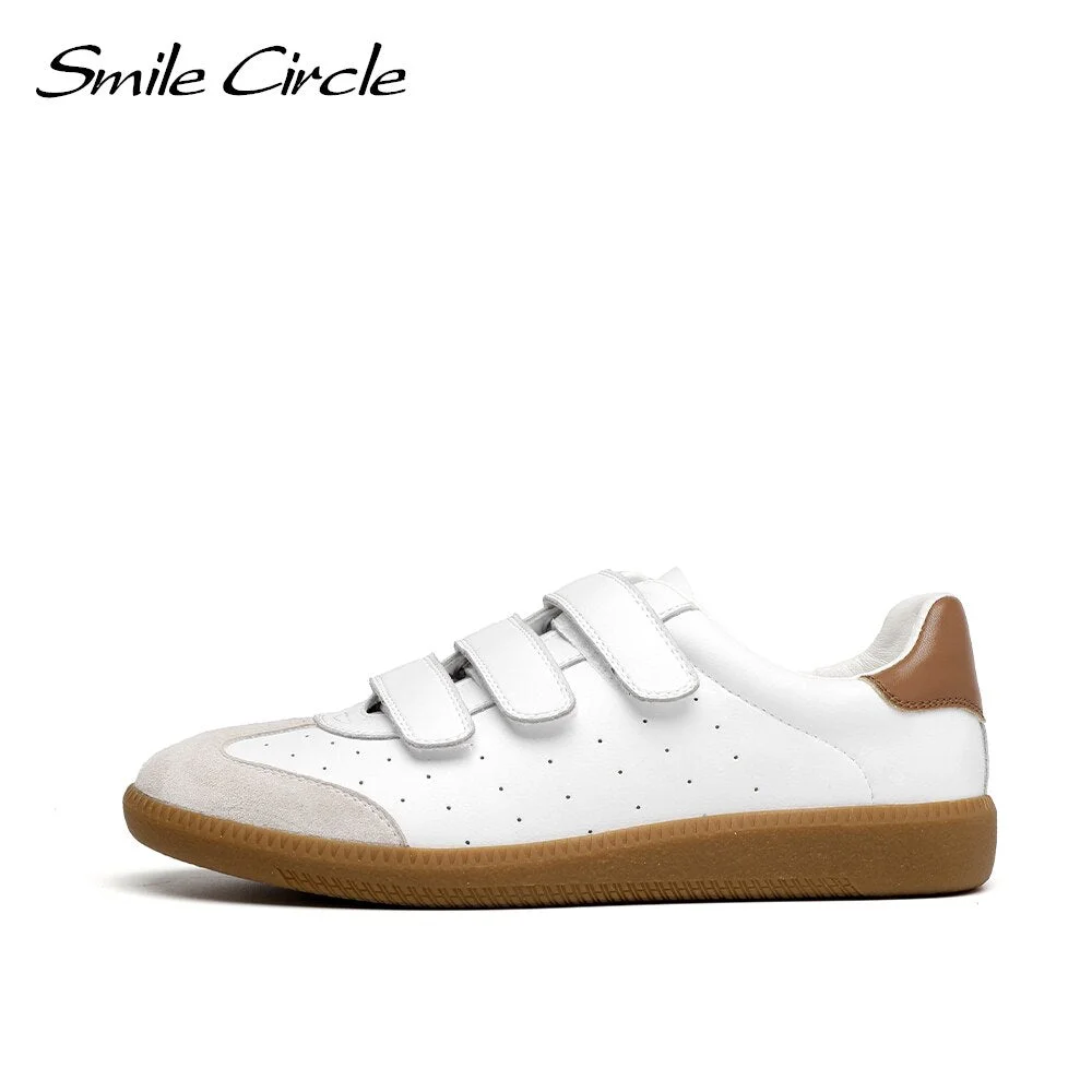 Smile Circle Women Sneakers Flat Platform Shoes Spring Breathable Casual Shoes Women White Leather Lace-up low-top trainers