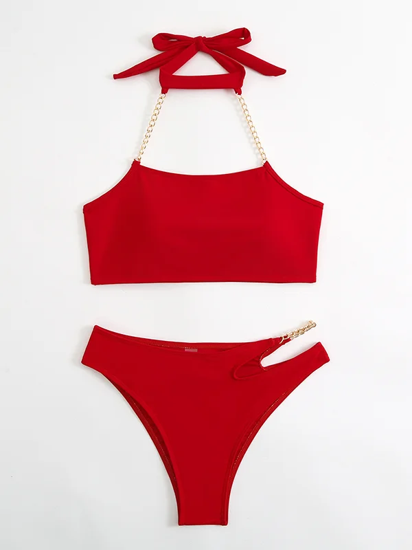 Padded Bandage Belly-Hollow Solid Color Halter-Neck Bikini Swimsuit