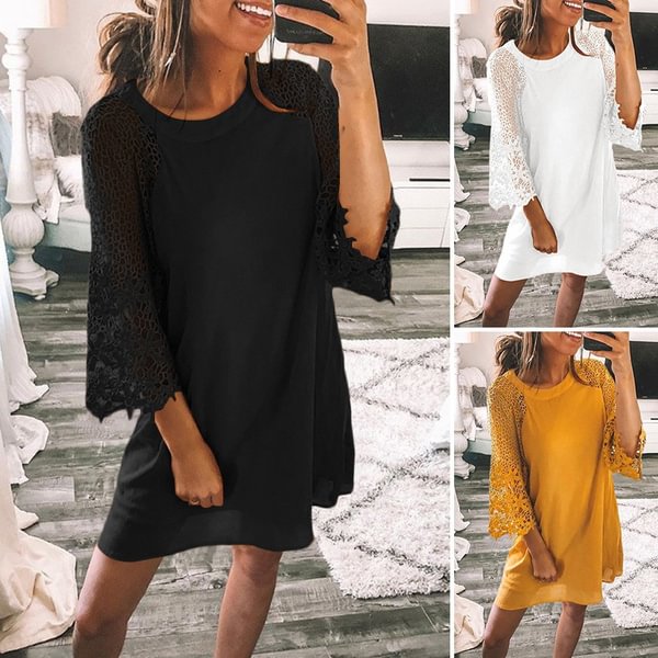 Womens 3/4 Sleeve Summer Solid Lace Patchwork Dresses Loose Casual Knee Length Kleid Mujer - Shop Trendy Women's Clothing | LoverChic