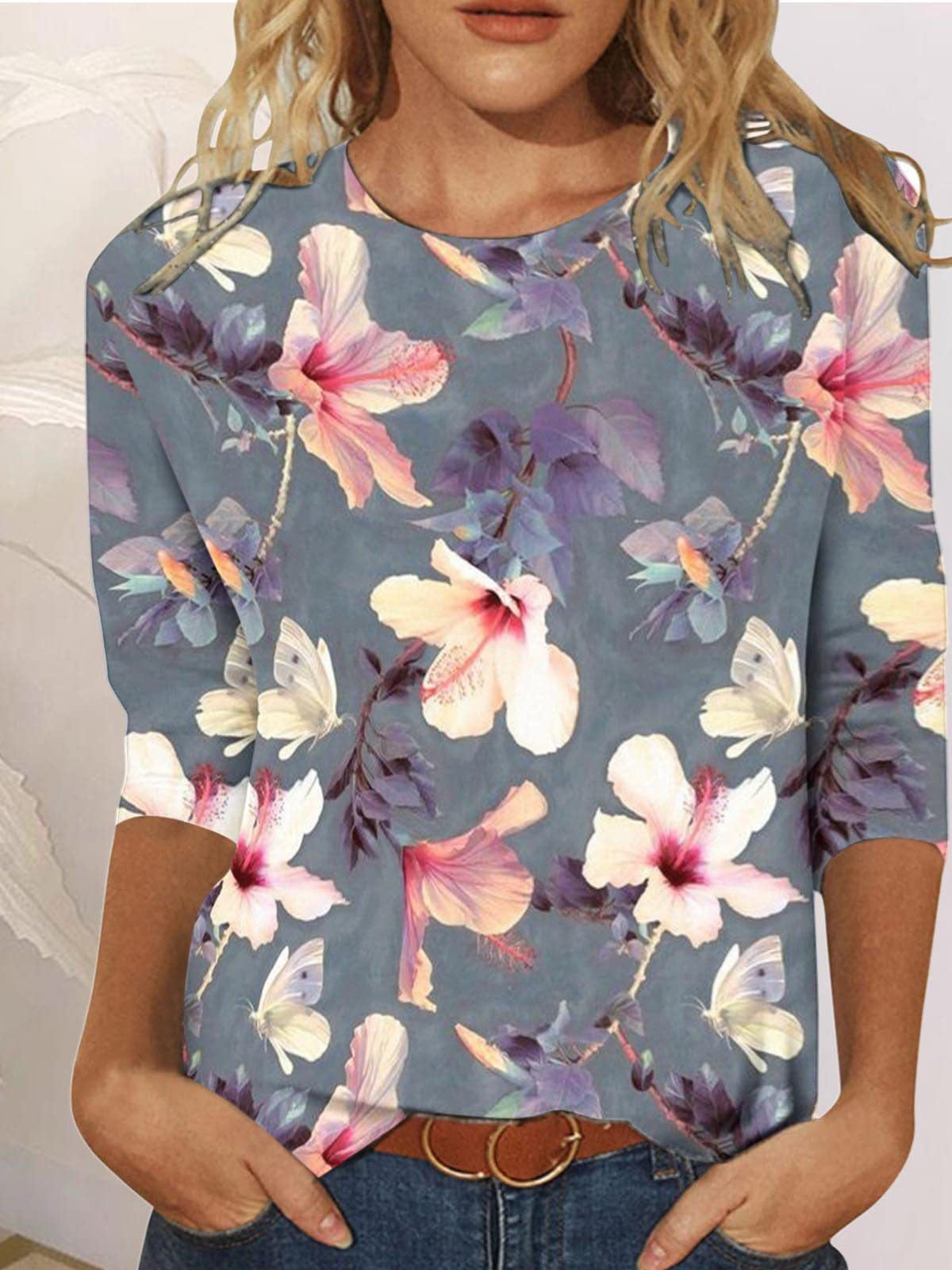 Women Long Sleeve V-neck Graphic Floral Printed Top