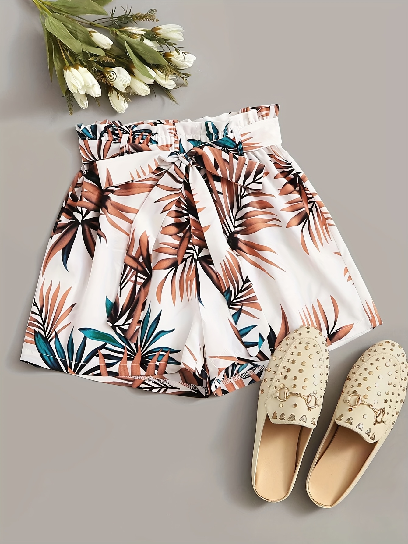 Womens Tropical Floral Print Casual Shorts With Adjustable Waist Tie Lightweight 100 | IFYHOME