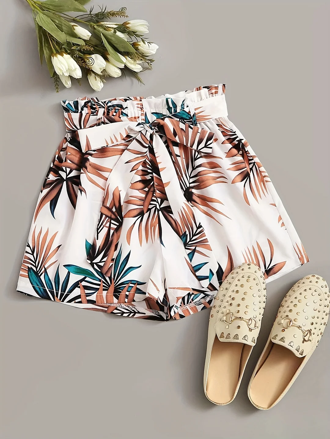 Women's Tropical Floral Print Casual Shorts With Adjustable Waist Tie - Lightweight 100% Polyester Relaxed Fit Beach Vacation & Casual Attire | IFYHOME