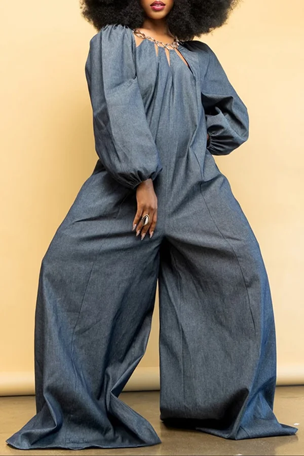 Casual Hollow Blue Denim Wide Leg Jumpsuit