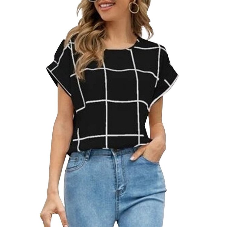 New Summer Women's Plaid Print Tops Round Neck T Shirts Ladies Short Sleeve Tees Casual Slim Fit Female T-Shirt Streetwear D30 - BlackFridayBuys