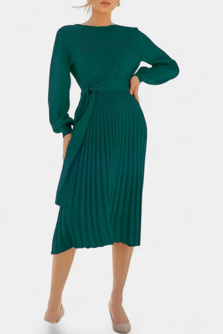 Belted Pleated Knit Midi Dress with Long Sleeves