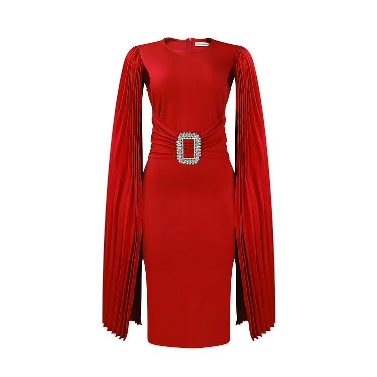 Red Solid Color Cape Dress