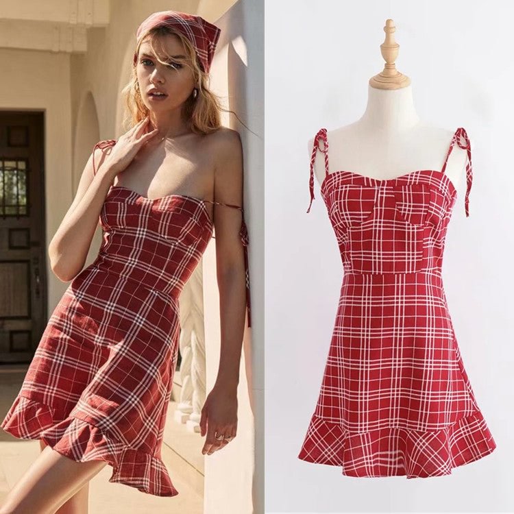 Summer French Pastoral Style Printed Checks Slim Fit Chest-wrapped Dress Women's Ruffled Spaghetti Straps Short Skirt