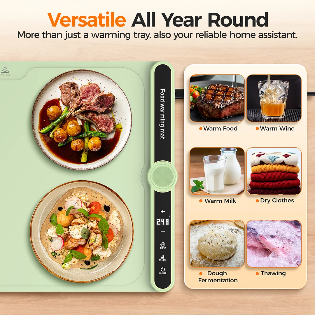 Portable Food Warming Mat for Countertop, Electric Warming Tray with 9 Temp Settings, 1-6Hrs Timer Auto Shut-Off and Child-Lock, Roll Up Silicone Food Heating Mat for Buffet Parties Gatherings