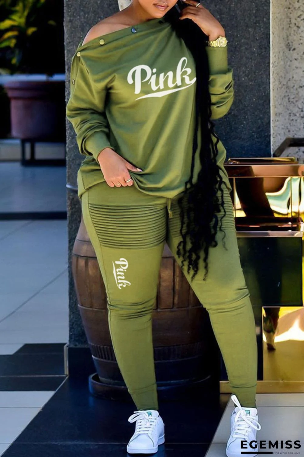 Green Fashion Casual Letter Print Basic Oblique Collar Long Sleeve Two Pieces | EGEMISS