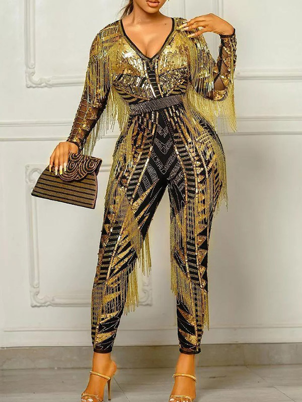 Elegant Tassel Sequinned Contrast Long Sleeves High Waisted Gold Jumpsuit