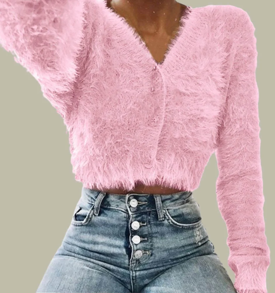 Fashion Solid Color Furry Cardigan