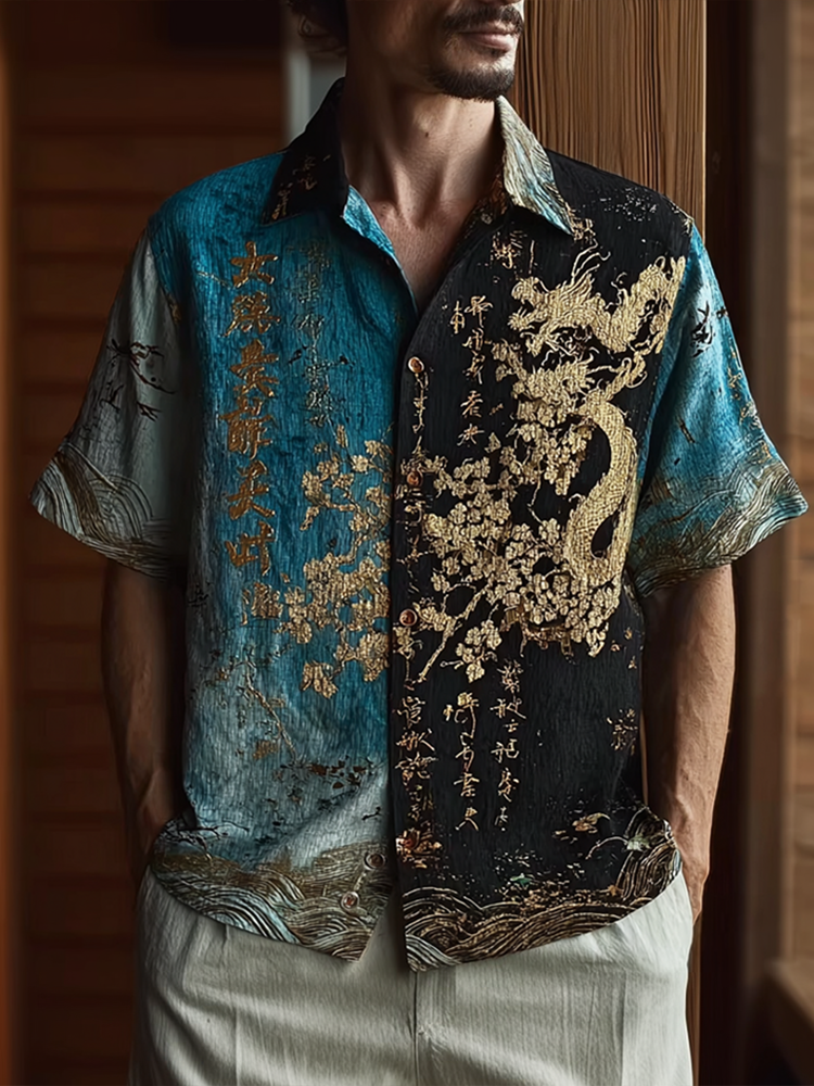 Japanese Art Retro Pattern Clash Color Design Men's Casual Linen Shirt elevenforest