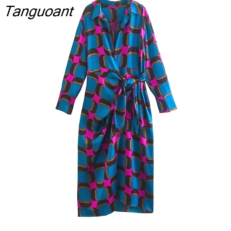 Tanguoant Women Fashion With Bow Printed Lace Up Front Slit Midi Dress Vintage Lapel Neck Long Sleeves Female Dresses
