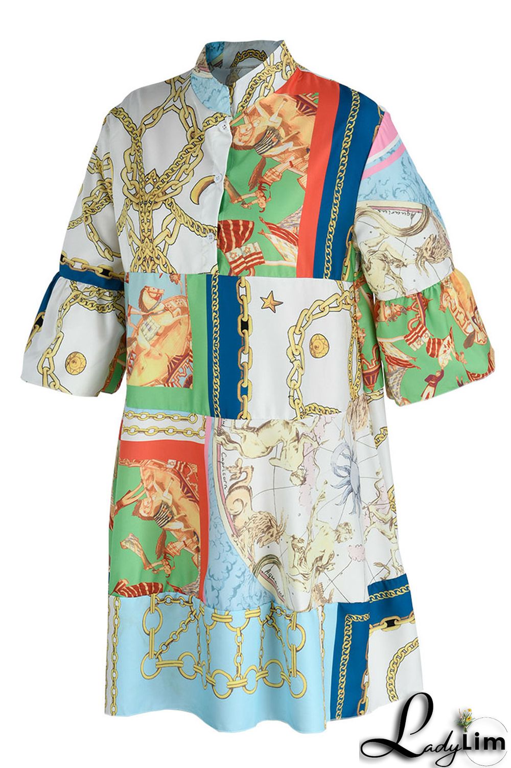 Gold Fashion Casual Print Patchwork V Neck A Line Dresses