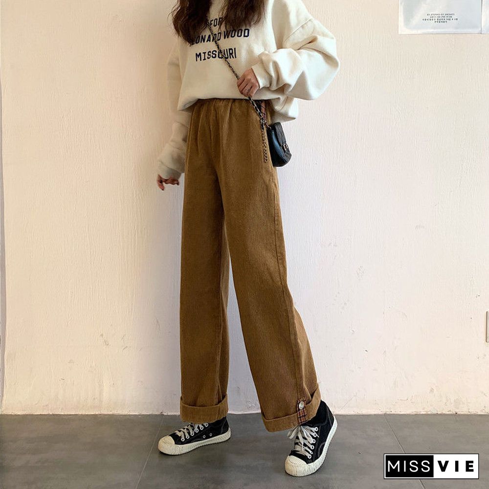 Vintage Baggy Corduroy Pants Women Korean Elastic Waist Straight Trousers Female Wide Leg Solid Pockets Pants Spring Autumn New