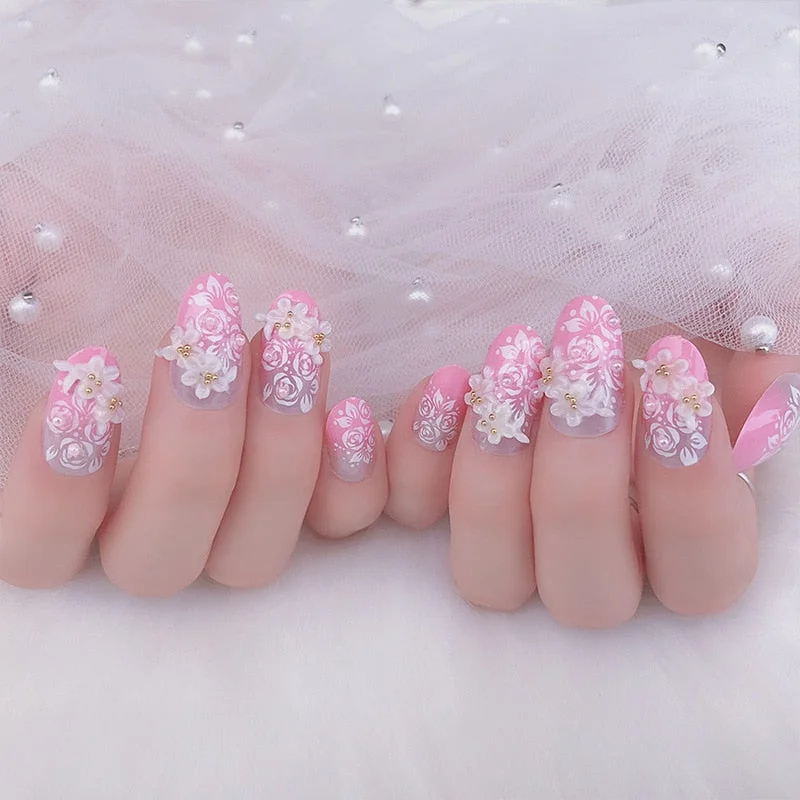 DIY Pink Color Artificial Nails Bride Wedding Shining Rhinestone Fake Nail 3D Flowers Full Cover Nails Tips with Glue 24pcs/set-Nail Inspo