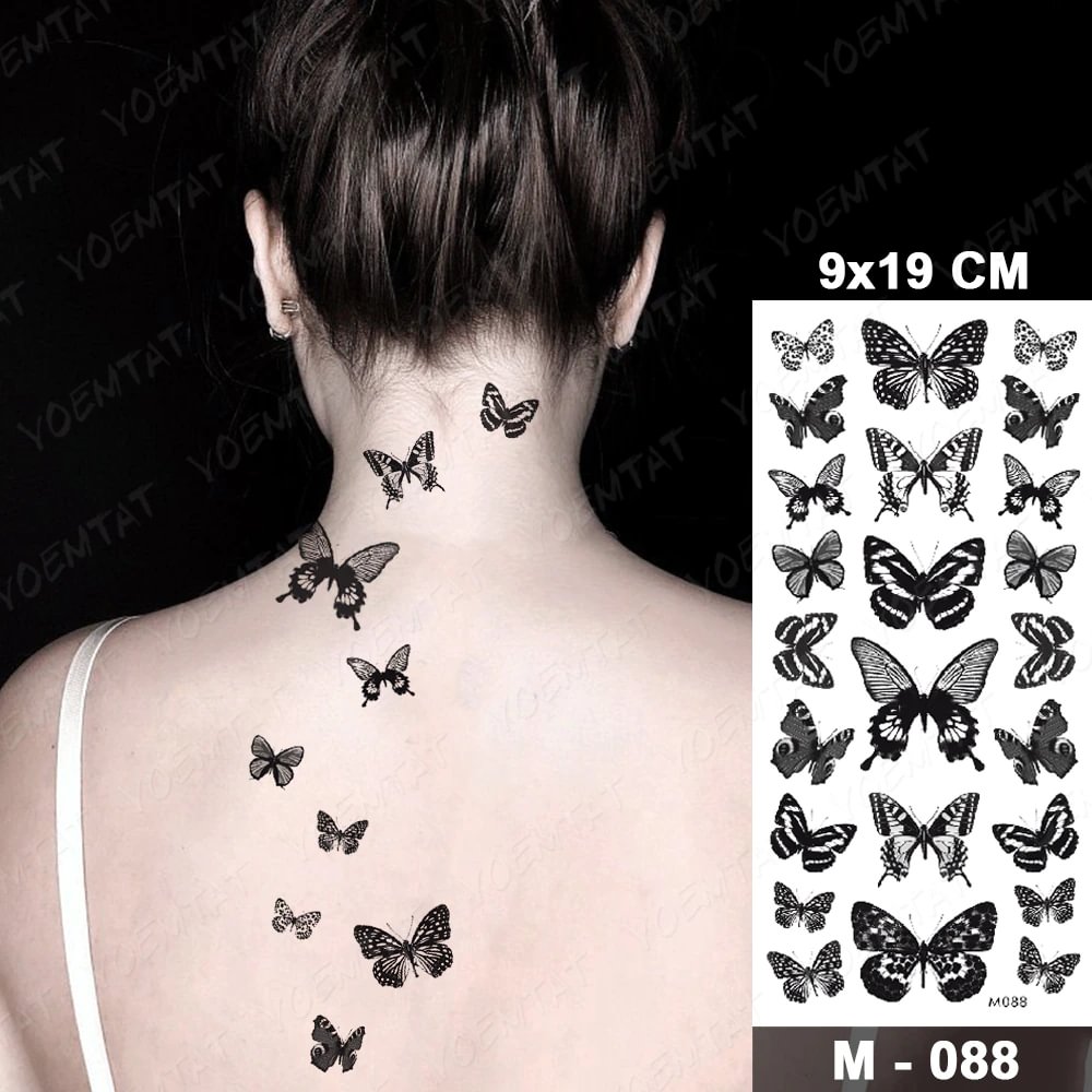 Gingf Temporary Tattoo Stickers Black Butterfly Moth Rose Flower Flash Tatto Women Sexy Neck Waist Body Art Fake Tatoo Men