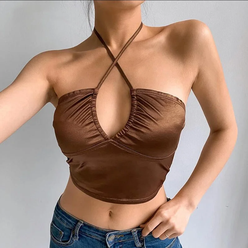 Satin Sexy Strappy Brown Y2K Halter Crop Top Women Summer Backless Cami Tops Tees Ladies Fashion Fitness Camisole Party