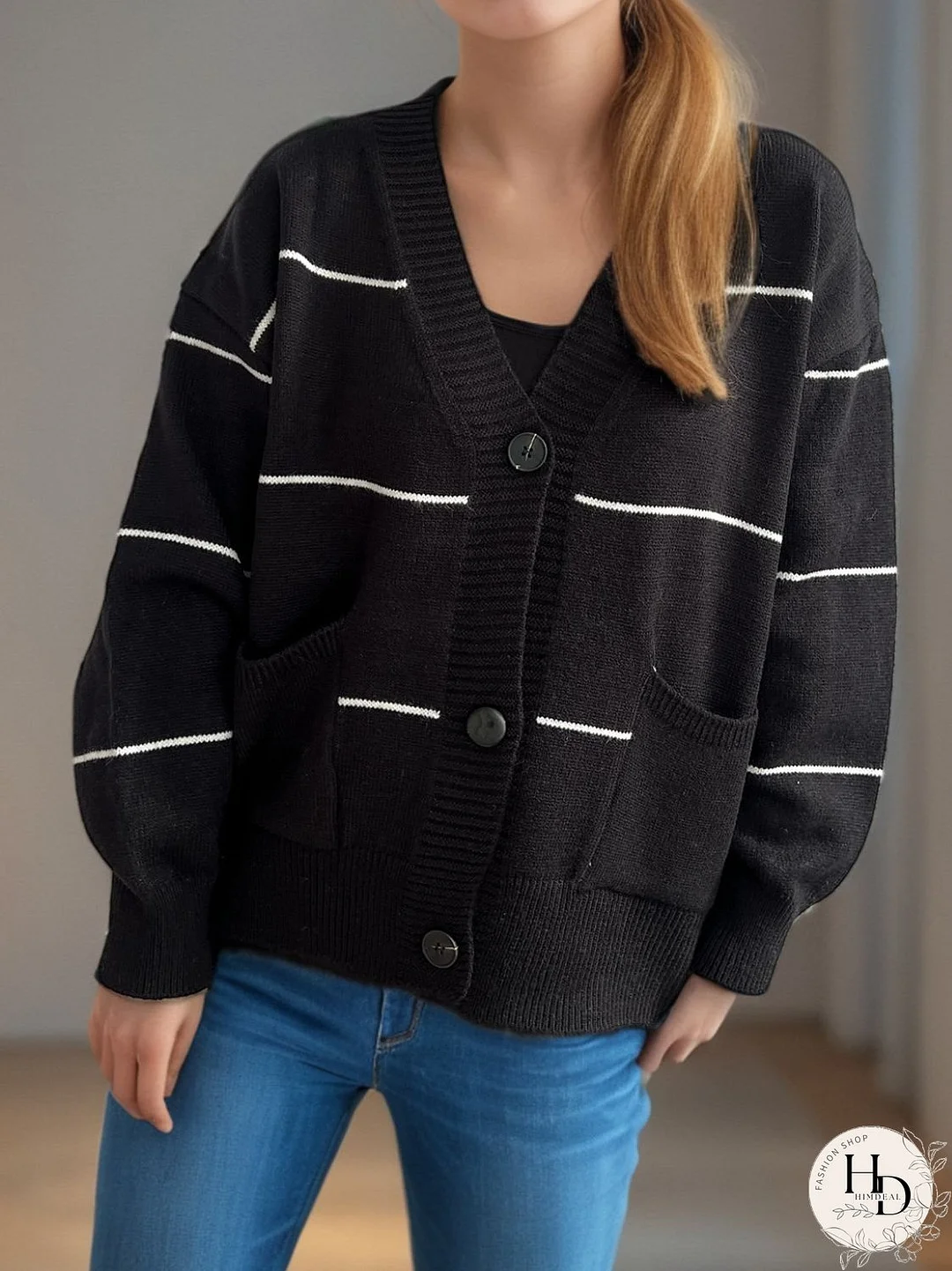 Striped Button Down V-Neck Long Sleeve Cardigan
