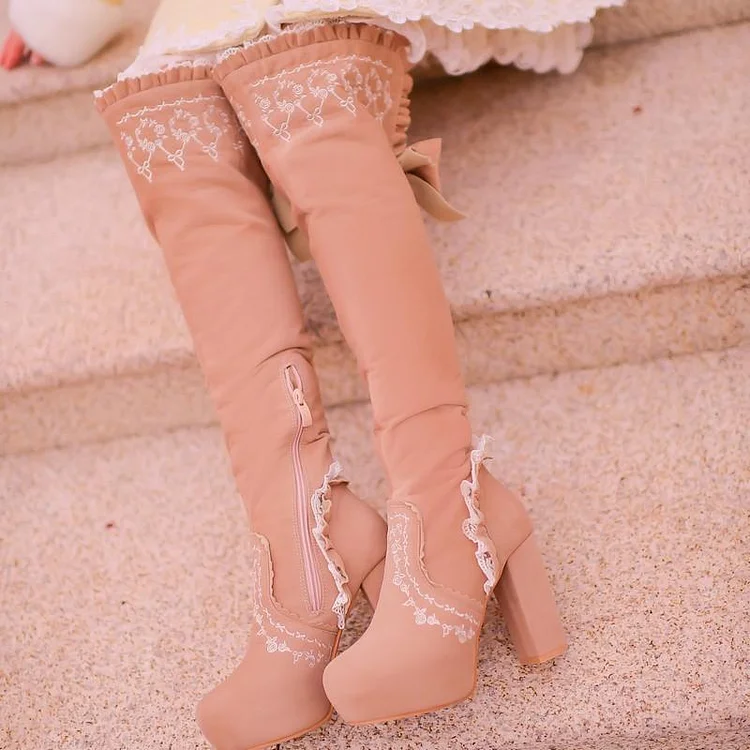 Beige/Light Tan Sweet Bowknot Rough Heels Long Boots SP154417