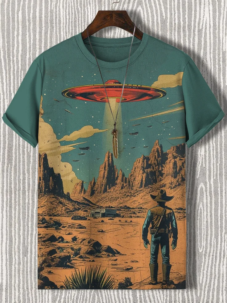 Men's Western Cowboy Meets UFO Art Print Casual T-Shirt