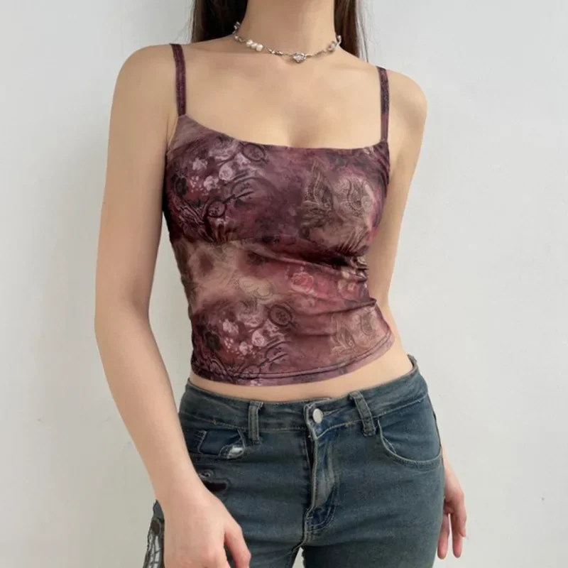 Huibahe Vintage Floral Print Y2K Cami Top Women Aesthetic Cute 2000s Camisole Sleeveless Slim Cropped Summer Vest Tops