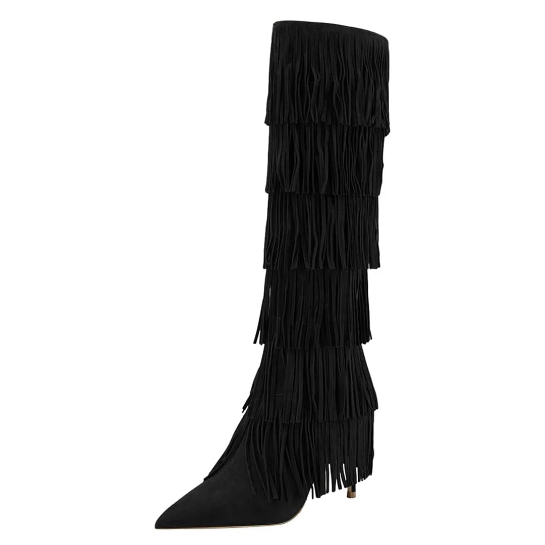 Black Fringe Pointed Toe Stiletto Heel Knee High Boots with Zipper