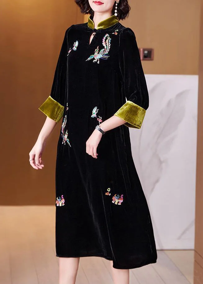 New Black Embroidered Pockets Silk Velour Dress Long Sleeve