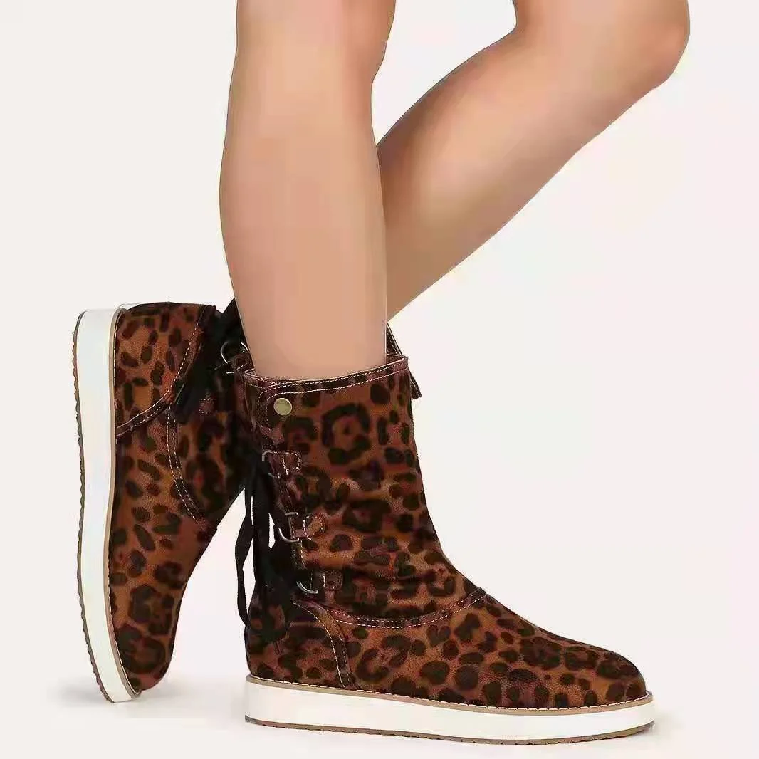 Vstacam  2022 Women Snow Boots Autumn Winter Lace-up Mid-cut Boots Fashion Comfortable Leopard Print Snake Print Color Match Female Shoes
