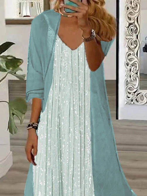 Women Half Sleeve V-neck Solid Color Dress