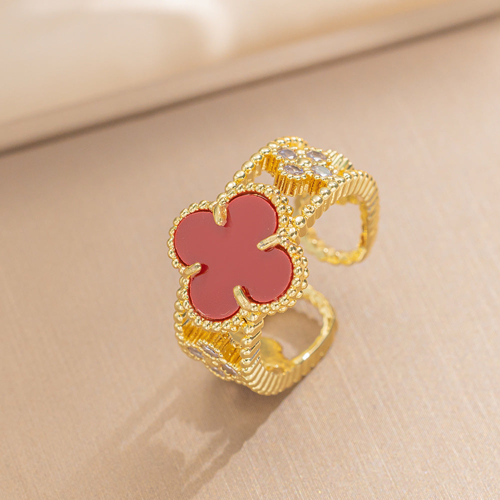 Ring Niche Four-Leaf Clover Zircon Ring Female Retro Open Adjustable Ring