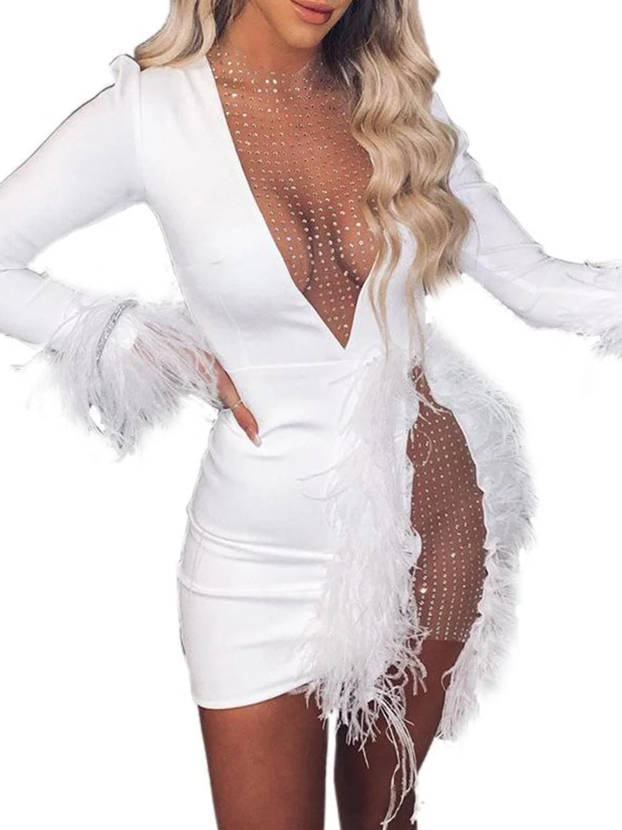 Sexy Party Dress Sequins Feather Mesh Patchwork See-Through Mini Dress