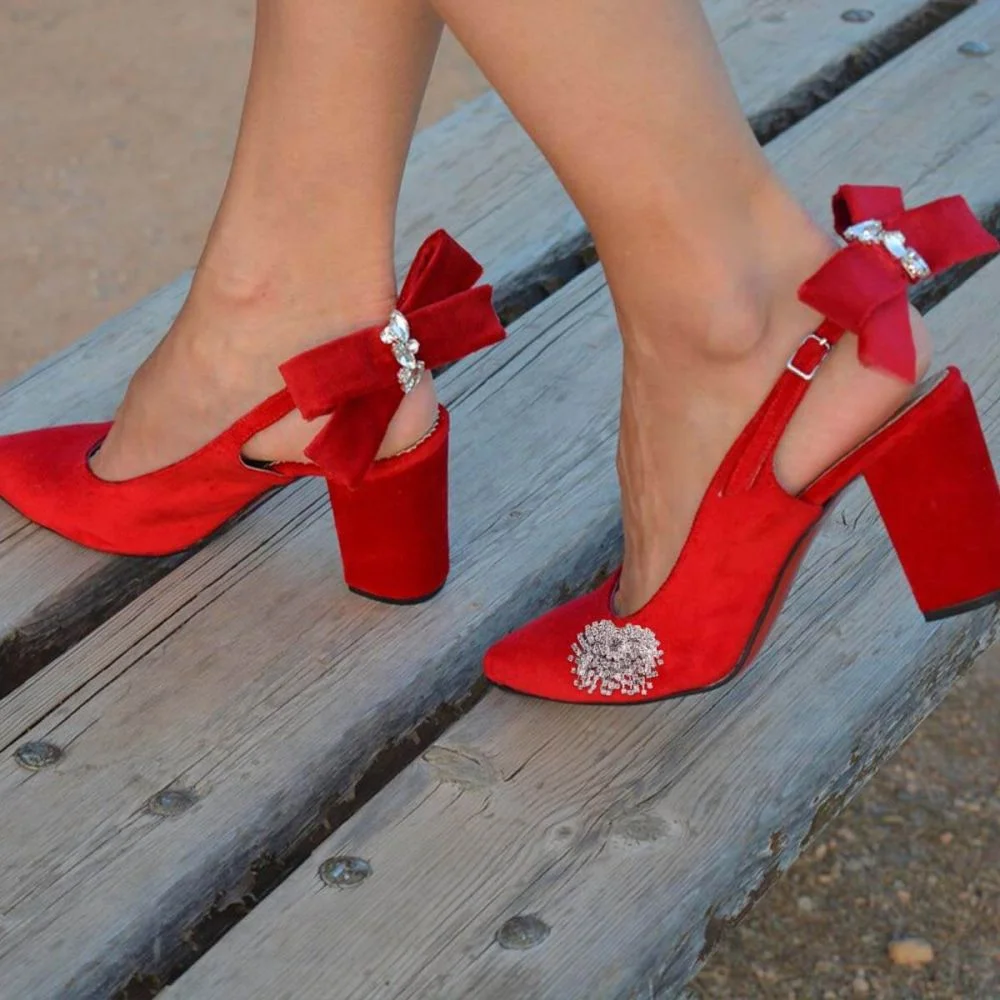 Red Pointed Toe Pumps Suede Rhinestone Block Heels Nicepairs