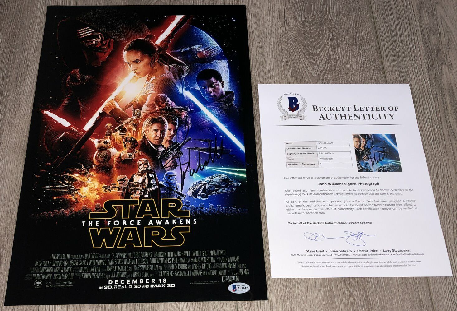 JOHN WILLIAMS SIGNED STAR WARS FORCE AWAKENS 12x18 w/EXACT PROOF BECKETT BAS LOA