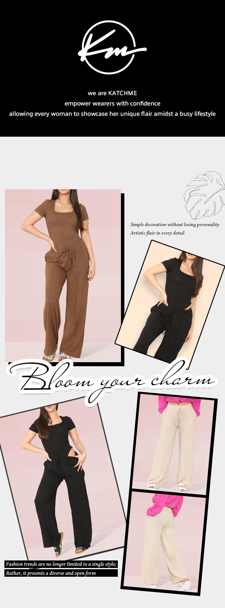 Women's Trendy Square Neck Shaping Bodysuit & High Waist Wide Leg Pockets Trousers Co-ord,Short Sleeve Shapewear,Two-Piece Outfit for Womenswear