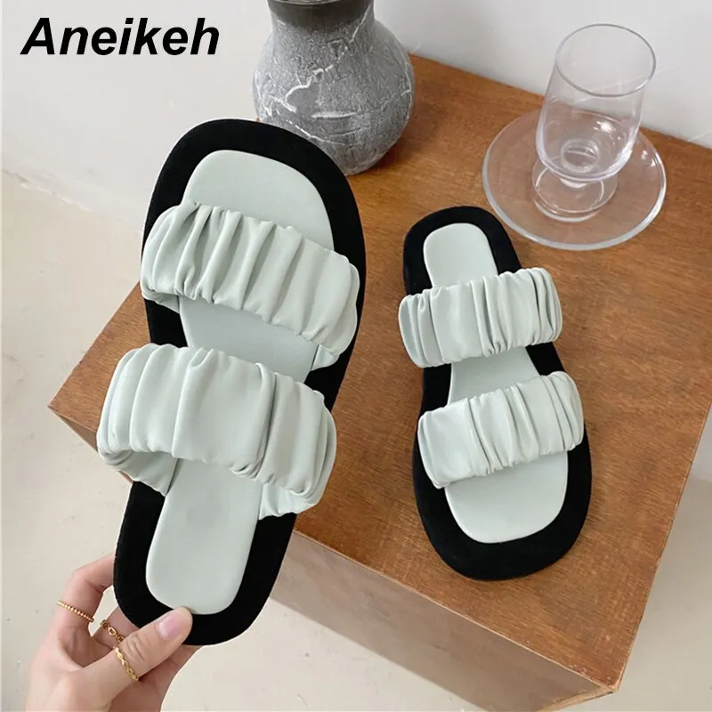 Aneikeh Summer Women Shoes Slippers Slides PU Rubber Basic Solid Outside Flat With Adult Pleated 35~39 Pleated Rome Platform