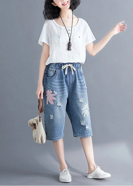 Stylish Blue Embroideried Denim Ripped Jeans Summer