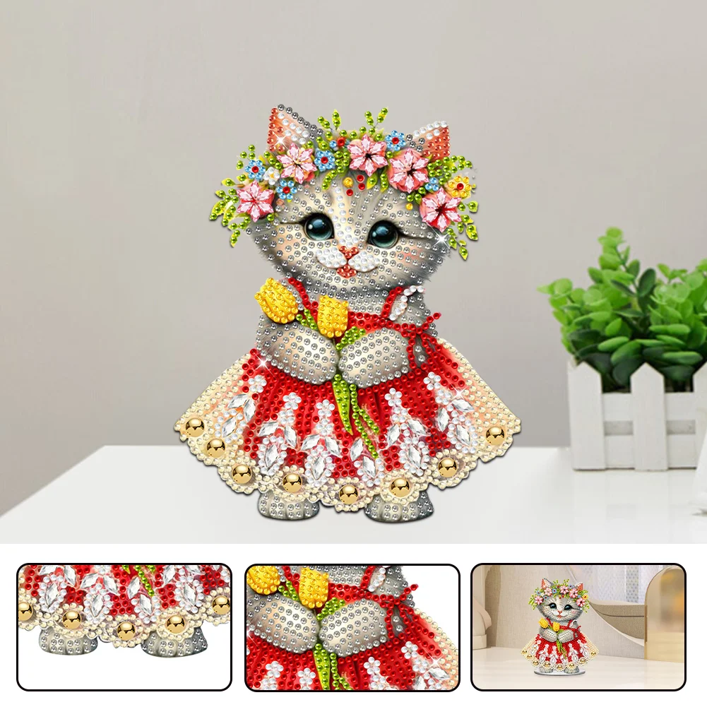 DIY Flower Cat Acrylic Shaking Head Diamond Painting Desktop Ornaments for Home Decor